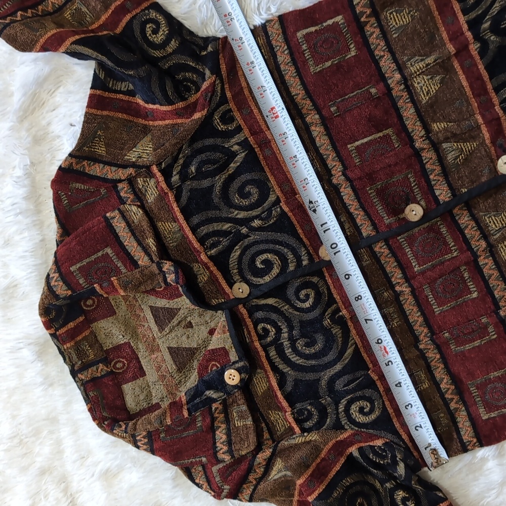 90s Vintage Reversible Red, Black, & Tan Corduroy Tapestry Button Down Jacket - Picture 8 of 12